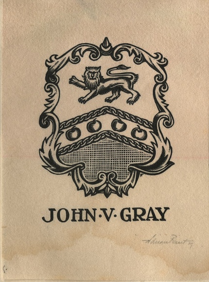 Artist: b'FEINT, Adrian' | Title: b'Bookplate: John V Gray.' | Date: 1929 | Technique: b'wood-engraving, printed in black ink, from one block' | Copyright: b'Courtesy the Estate of Adrian Feint' Artist: b'FEINT, Adrian' | Title: b'Bookplate: John V Gray.' | Date: 1929 | Technique: b'wood-engraving, printed in black ink, from one block' | Copyright: b'Courtesy the Estate of Adrian Feint'