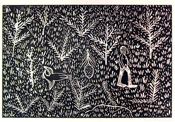 Artist: b'Kngwarreye, Janice.' | Title: b'not titled [No.7]' | Date: 1990 | Technique: b'woodcut, printed in black ink, from one block'