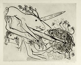 Artist: BOYD, Arthur | Title: Dog with crutches and falling figure. | Date: (1968-69) | Technique: etching, printed in black ink, from one plate | Copyright: Reproduced with permission of Bundanon Trust