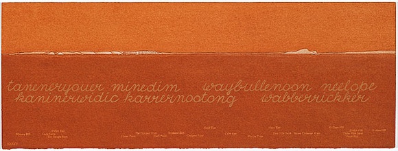 Artist: b'MADDOCK, Bea' | Title: b'Terra Spiritus...with a darker shade of pale' | Date: 1993-98 | Technique: b'stencil print, printed in hand-ground Launceston ochre from multiple hand-cut mylar stencils; letterpress text blind printed; hand-drawn script' Artist: b'MADDOCK, Bea' | Title: b'Terra Spiritus...with a darker shade of pale' | Date: 1993-98 | Technique: b'stencil print, printed in hand-ground Launceston ochre from multiple hand-cut mylar stencils; letterpress text blind printed; hand-drawn script'