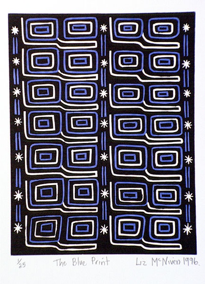 Artist: b'McNiven. Liz.' | Title: b'The blue print' | Date: 1996 | Technique: b'linocut, printed in black ink, from one block; hand-coloured in blue with pantone pen' Artist: b'McNiven. Liz.' | Title: b'The blue print' | Date: 1996 | Technique: b'linocut, printed in black ink, from one block; hand-coloured in blue with pantone pen'