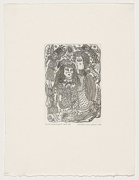 Artist: b'HANRAHAN, Barbara' | Title: b'Lovers with angels' | Date: 1990 | Technique: b'etching, printed in black ink from one plate' Artist: b'HANRAHAN, Barbara' | Title: b'Lovers with angels' | Date: 1990 | Technique: b'etching, printed in black ink from one plate'
