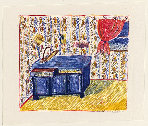 Artist: b'Eager, Helen.' | Title: b'(Side board with reading lamp).' | Date: 1975 | Technique: b'lithograph, printed in colour, from multiple blocks; with cut section folding to reveal 2nd colour lithograph' Artist: b'Eager, Helen.' | Title: b'(Side board with reading lamp).' | Date: 1975 | Technique: b'lithograph, printed in colour, from multiple blocks; with cut section folding to reveal 2nd colour lithograph'