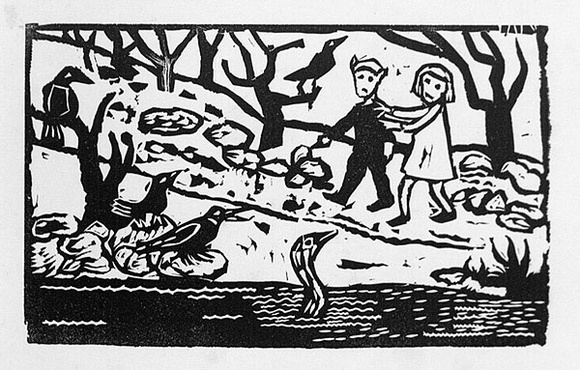 Artist: b'Allen, Joyce.' | Title: b'(Pai Korri and Winnie passing the eel in the black lake) (Illustration 2).' | Date: 1987 | Technique: b'linocut, printed in black ink, from one block' Artist: b'Allen, Joyce.' | Title: b'(Pai Korri and Winnie passing the eel in the black lake) (Illustration 2).' | Date: 1987 | Technique: b'linocut, printed in black ink, from one block'