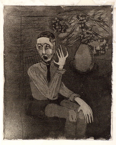 Artist: b'Barwell, Jennifer.' | Title: b'(Seated young man with flowers).' | Date: (1955) | Technique: b'drypoint and aquatint printed in brown ink from one plate' Artist: b'Barwell, Jennifer.' | Title: b'(Seated young man with flowers).' | Date: (1955) | Technique: b'drypoint and aquatint printed in brown ink from one plate'