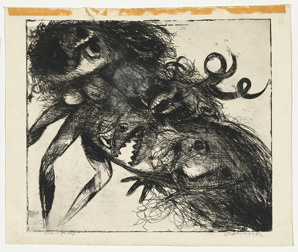 Artist: b'BOYD, Arthur' | Title: b'Double figure with shark head and horns (Elektra backdrop).' | Date: 1962-63 | Technique: b'etching and aquatint, printed in blueish black ink, from one plate' | Copyright: b'Reproduced with permission of Bundanon Trust' Artist: b'BOYD, Arthur' | Title: b'Double figure with shark head and horns (Elektra backdrop).' | Date: 1962-63 | Technique: b'etching and aquatint, printed in blueish black ink, from one plate' | Copyright: b'Reproduced with permission of Bundanon Trust'