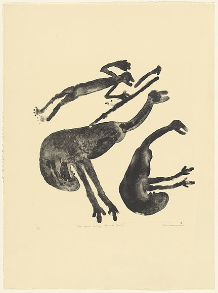 Artist: b'Narbarlambarl, Peter.' | Title: b'Mimi spirit hunting Ngurrudu (emu)' | Date: 1998 | Technique: b'lithograph, printed in black ink, from one stone' Artist: b'Narbarlambarl, Peter.' | Title: b'Mimi spirit hunting Ngurrudu (emu)' | Date: 1998 | Technique: b'lithograph, printed in black ink, from one stone'