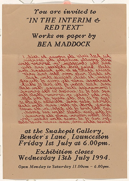 Title: b'Exhibition invitation: In the interim and Red text, Snake Pit Gallery, Launceston 1994' | Date: 1994 | Technique: b'photocopy, printed in red and black ink; orange sticker seal' Title: b'Exhibition invitation: In the interim and Red text, Snake Pit Gallery, Launceston 1994' | Date: 1994 | Technique: b'photocopy, printed in red and black ink; orange sticker seal'