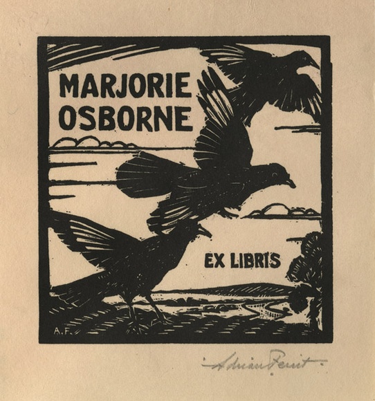 Artist: b'FEINT, Adrian' | Title: b'Bookplate: Marjorie Osborne.' | Date: (1926) | Technique: b'wood-engraving, printed in black ink, from one block' | Copyright: b'Courtesy the Estate of Adrian Feint' Artist: b'FEINT, Adrian' | Title: b'Bookplate: Marjorie Osborne.' | Date: (1926) | Technique: b'wood-engraving, printed in black ink, from one block' | Copyright: b'Courtesy the Estate of Adrian Feint'
