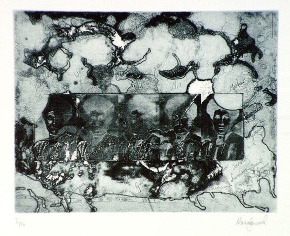 Artist: b'Garwood, Alana.' | Title: b'not titled' | Date: 1995 | Technique: b'etching, aquatint and photo-etching, printed in blue-grey ink, from one plate' Artist: b'Garwood, Alana.' | Title: b'not titled' | Date: 1995 | Technique: b'etching, aquatint and photo-etching, printed in blue-grey ink, from one plate'