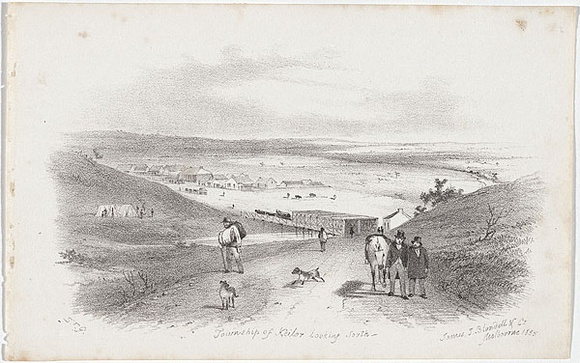Artist: b'GILL, S.T.' | Title: b'Township of Keilor looking south.' | Date: 1855-56 | Technique: b'lithograph, printed in black ink, from one stone'