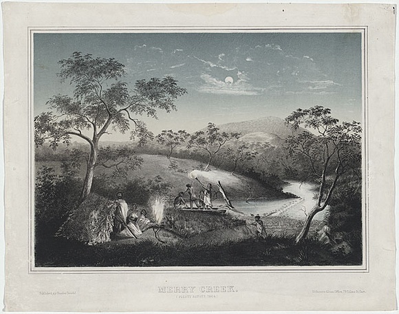 Artist: b'TROEDEL, Charles' | Title: b'Merry Creek, Plenty Ranges.' | Date: 1864 | Technique: b'lithograph, printed in colour, from two stones' Artist: b'TROEDEL, Charles' | Title: b'Merry Creek, Plenty Ranges.' | Date: 1864 | Technique: b'lithograph, printed in colour, from two stones'