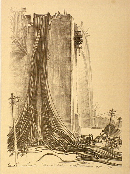 Artist: b'Curtis, Robert Emerson.' | Title: bMedusa's locks - cables released 1930. | Date: 1932 | Technique: b'lithograph, printed in black ink, from one plate' Artist: b'Curtis, Robert Emerson.' | Title: bMedusa's locks - cables released 1930. | Date: 1932 | Technique: b'lithograph, printed in black ink, from one plate'