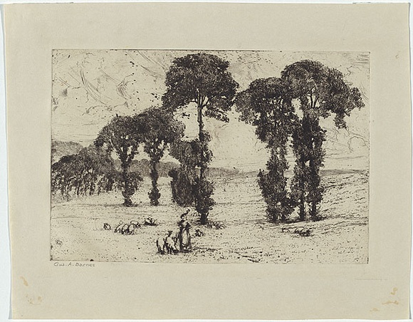 Artist: b'Barnes, Gustave Adrian.' | Title: b'The shepherdess.' | Date: c.1909 | Technique: b'etching and aquatint, printed in black ink, from one plate' Artist: b'Barnes, Gustave Adrian.' | Title: b'The shepherdess.' | Date: c.1909 | Technique: b'etching and aquatint, printed in black ink, from one plate'