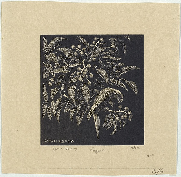 Artist: b'LINDSAY, Lionel' | Title: b'Loquats' | Date: 1923 | Technique: b'wood-engraving, printed in black ink, from one block' | Copyright: b'Courtesy of the National Library of Australia' Artist: b'LINDSAY, Lionel' | Title: b'Loquats' | Date: 1923 | Technique: b'wood-engraving, printed in black ink, from one block' | Copyright: b'Courtesy of the National Library of Australia'